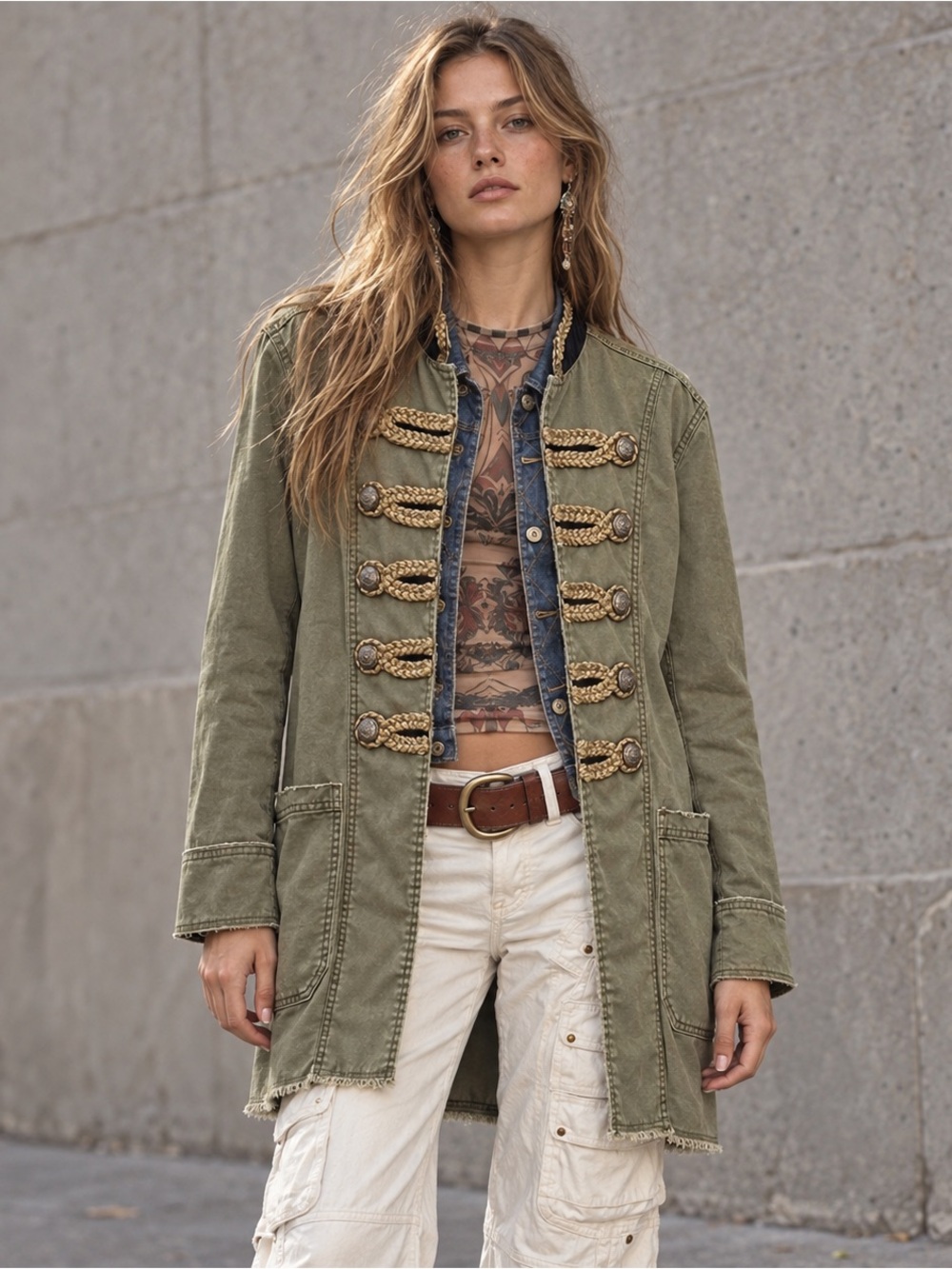Free People Olive Military-Inspired Rope-Trim Trench Coat
